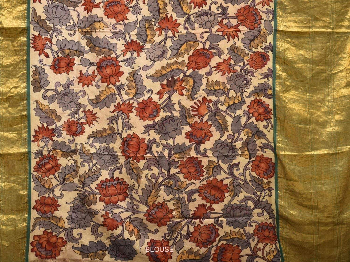 Cream and Green Kalamkari Hand Painted Kanchipuram Silk Handloom Saree with Lotus Flowers Design KL0452