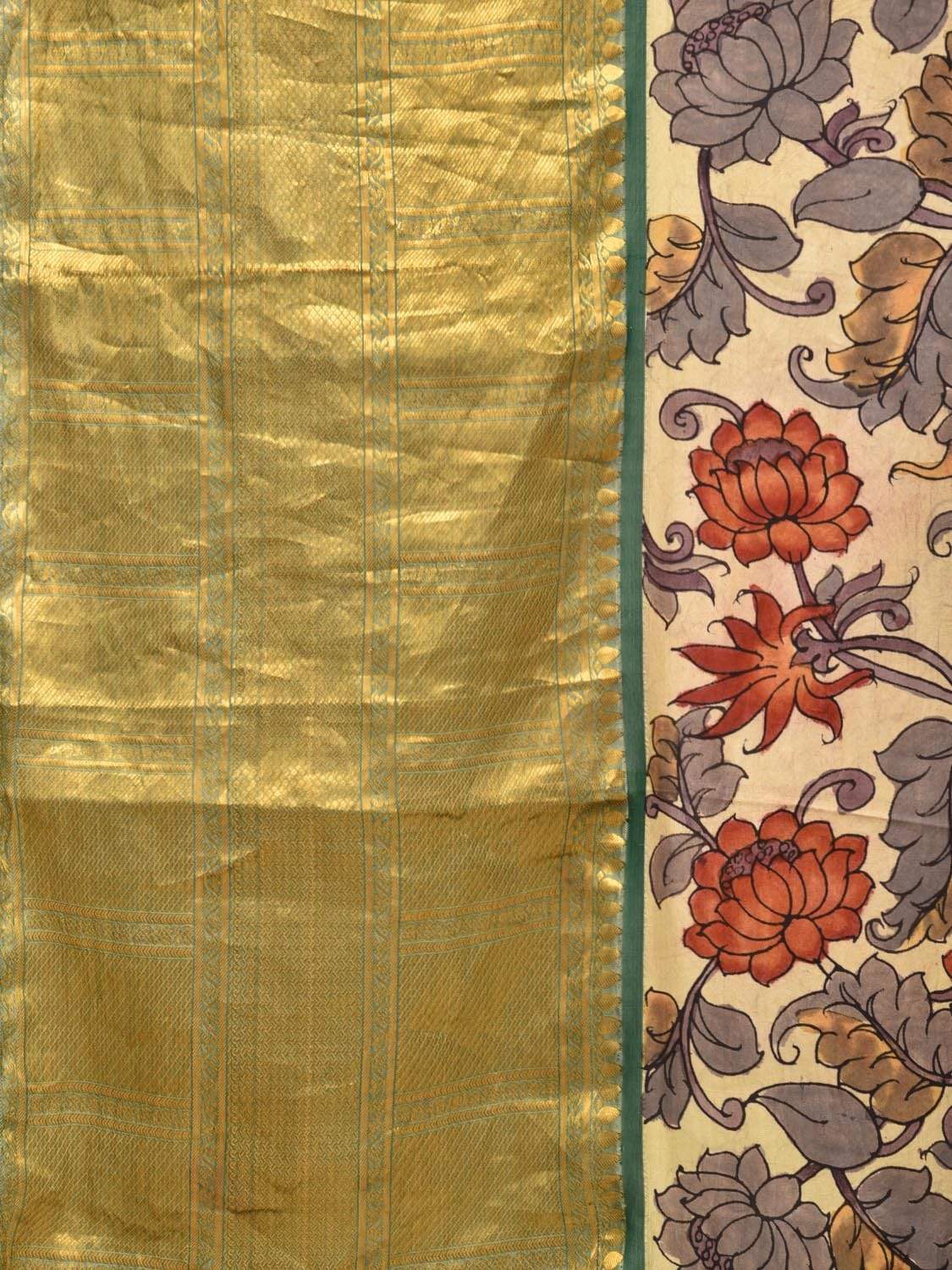 Cream and Green Kalamkari Hand Painted Kanchipuram Silk Handloom Saree with Lotus Flowers Design KL0452