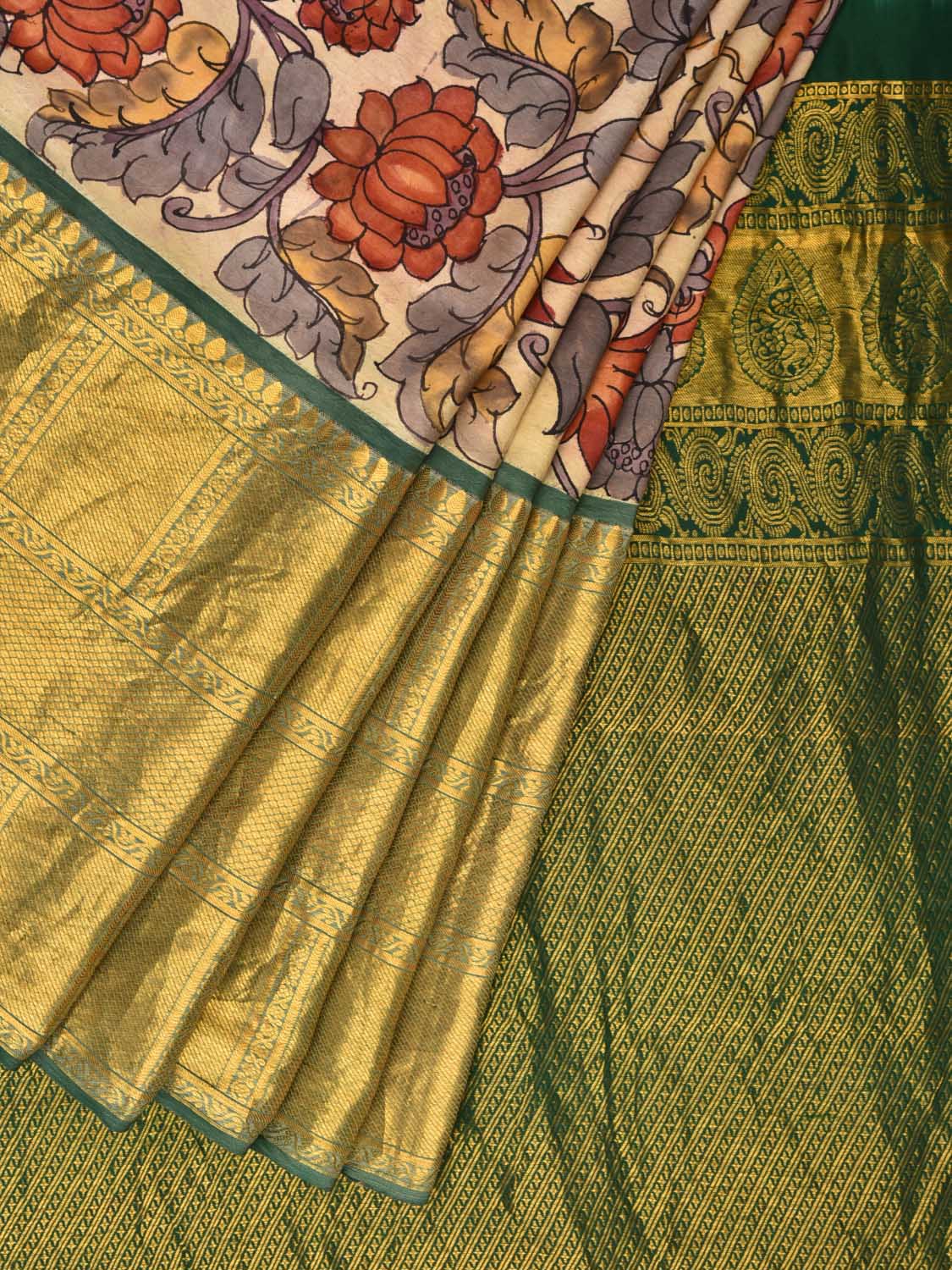 Cream and Green Kalamkari Hand Painted Kanchipuram Silk Handloom Saree with Lotus Flowers Design KL0452