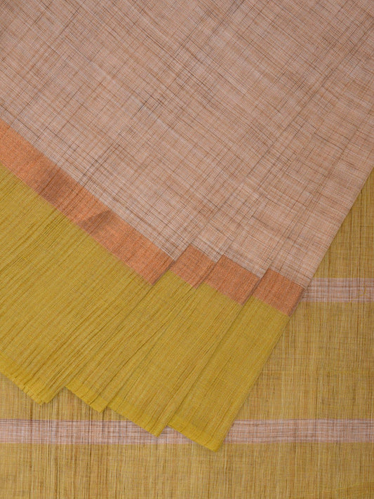 Cream and Green Kanchipuram Cotton Handloom Saree with Strips Pallu Design k0569