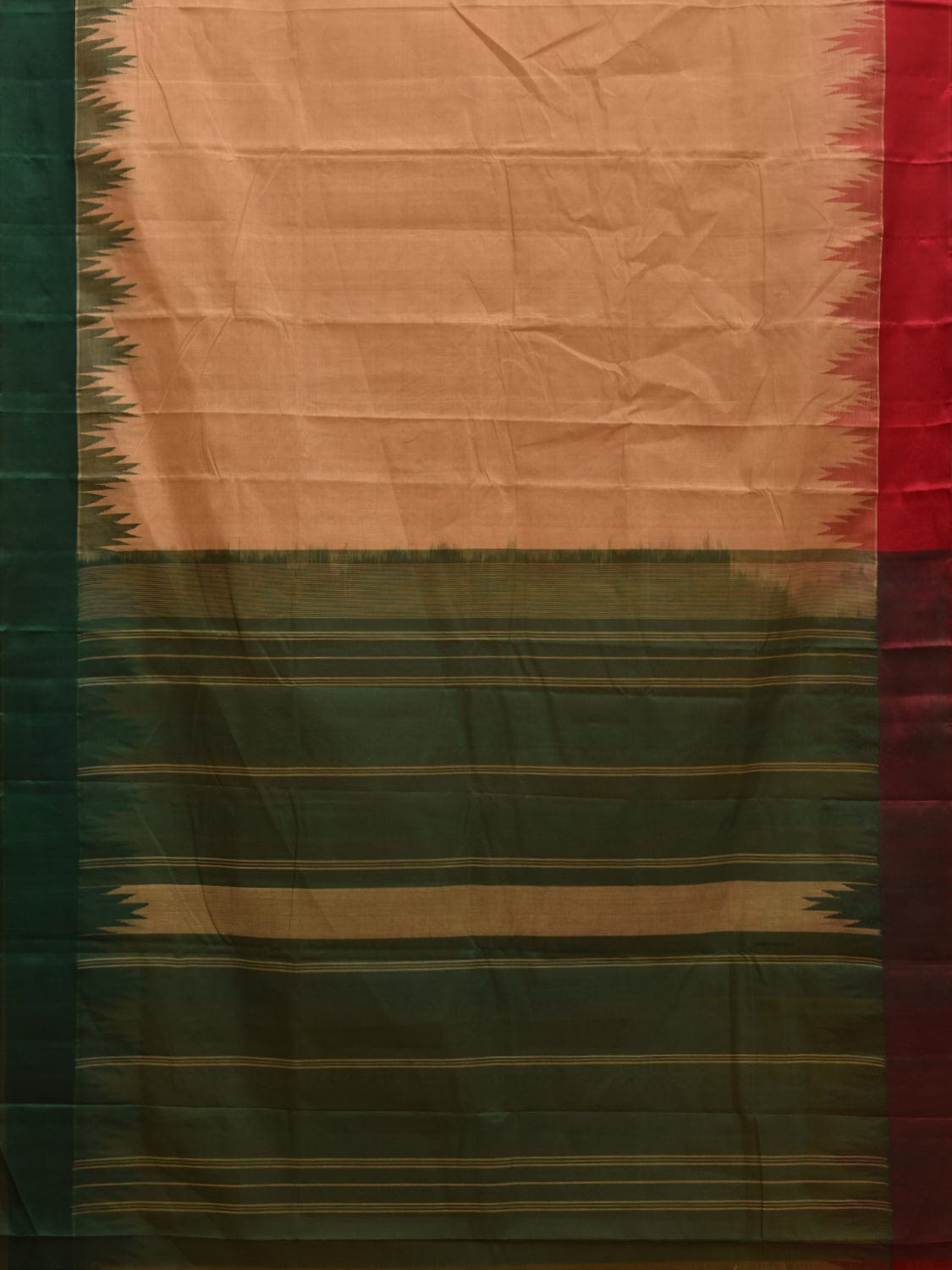 Cream and Green Khadi Cotton Handloom Saree with Ganga-Jamuna Big Temple Border Design kh0680