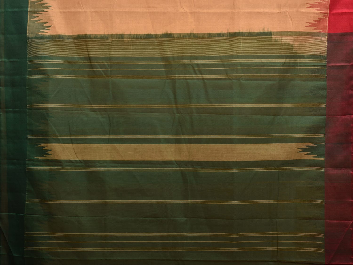 Cream and Green Khadi Cotton Handloom Saree with Ganga-Jamuna Big Temple Border Design kh0680