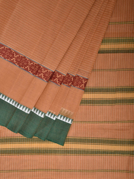 Cream and Green Narayanpet Cotton Handloom Saree with Strips Design Kalamkari Blouse np1116