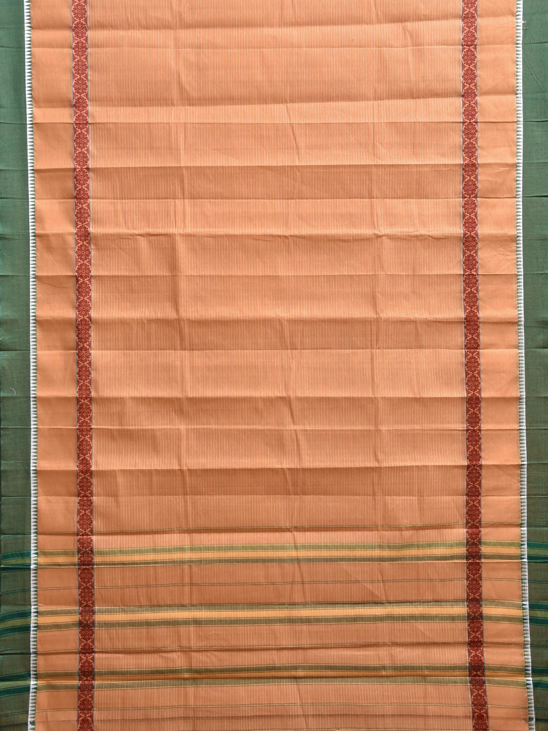 Cream and Green Narayanpet Cotton Handloom Saree with Strips Design Kalamkari Blouse np1116