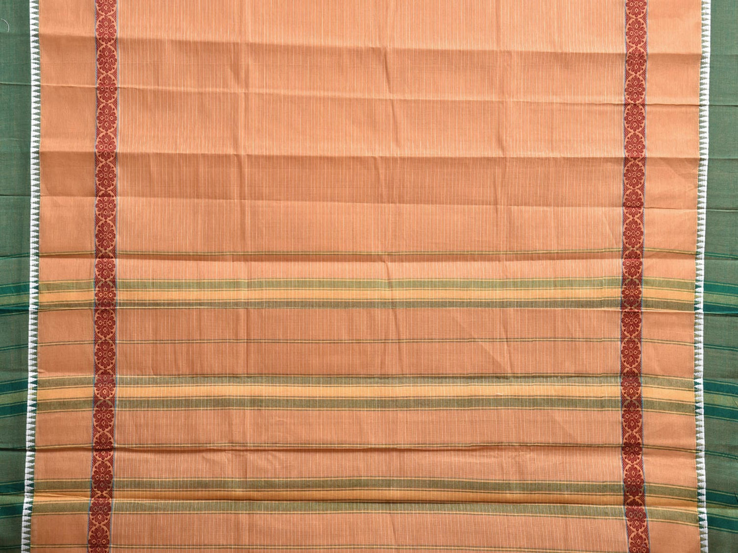 Cream and Green Narayanpet Cotton Handloom Saree with Strips Design Kalamkari Blouse np1116