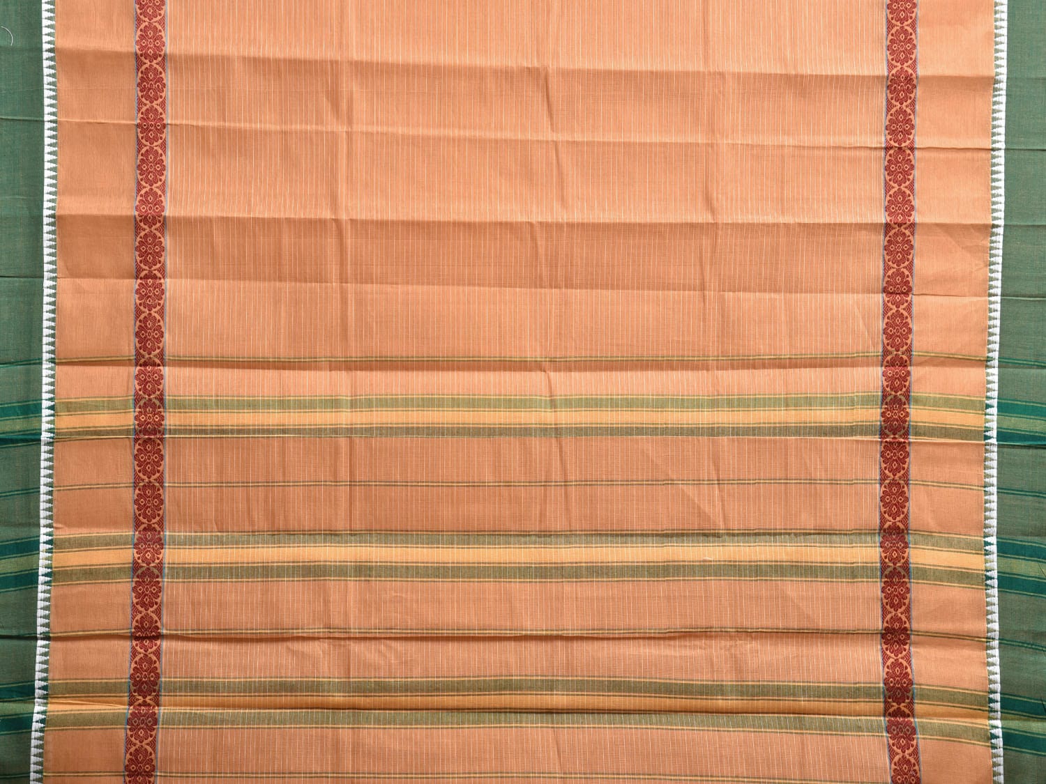 Cream and Green Narayanpet Cotton Handloom Saree with Strips Design Kalamkari Blouse np1116