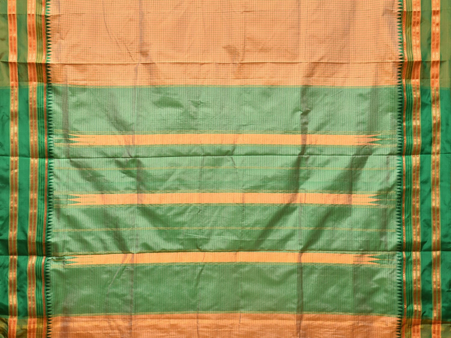 Cream and Green Narayanpet Silk Handloom Saree with Checks Design No Blouse np0755