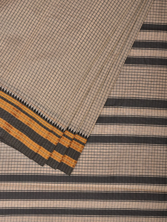 Cream and Grey Bamboo Cotton Saree with Checks Design bc0126