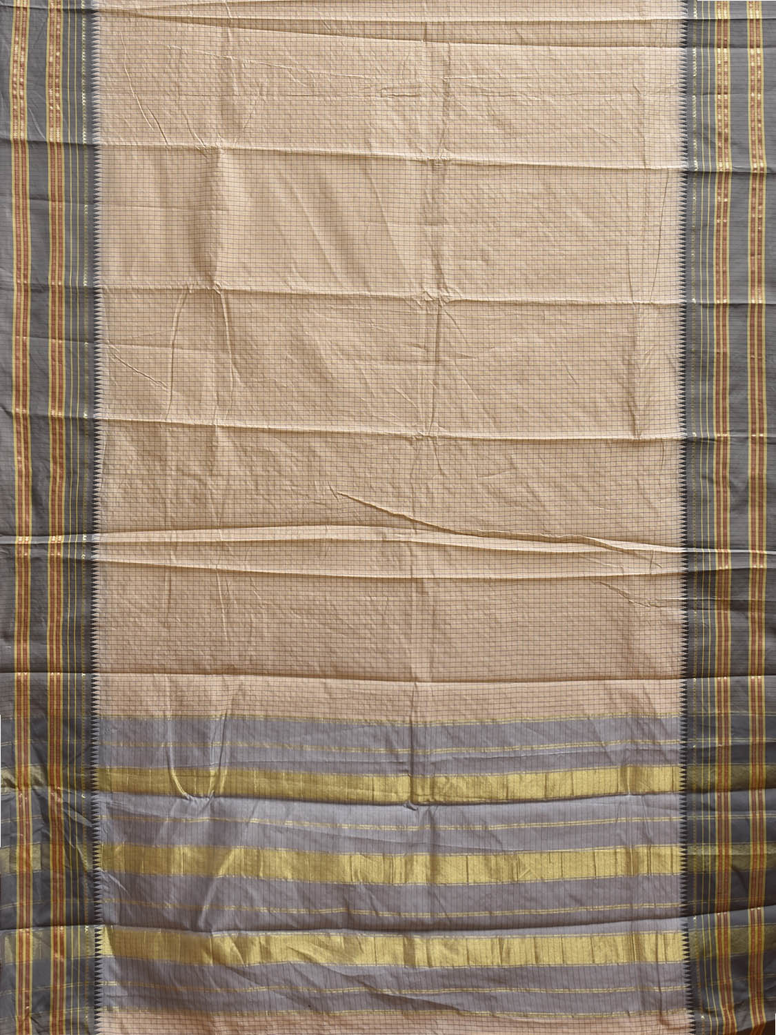 Cream and Grey Bamboo Cotton Viscose Silk Saree with Checks Design No Blouse bc0836