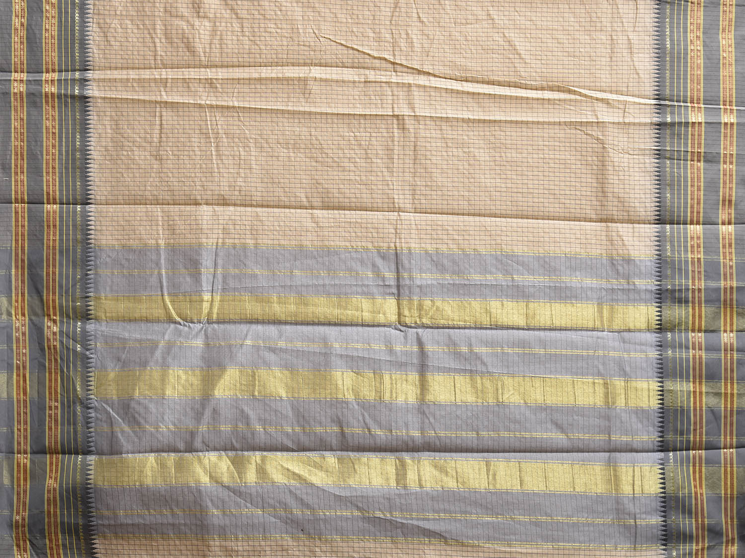 Cream and Grey Bamboo Cotton Viscose Silk Saree with Checks Design No Blouse bc0836