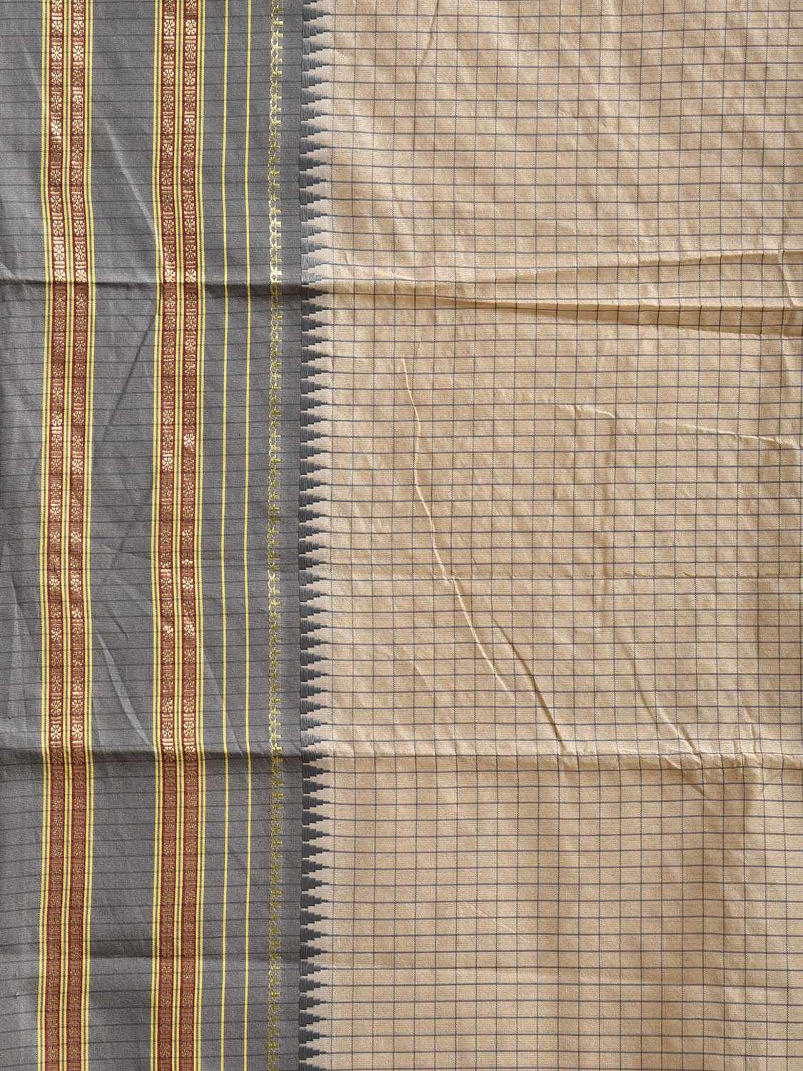 Cream and Grey Bamboo Cotton Viscose Silk Saree with Checks Design No Blouse bc0836
