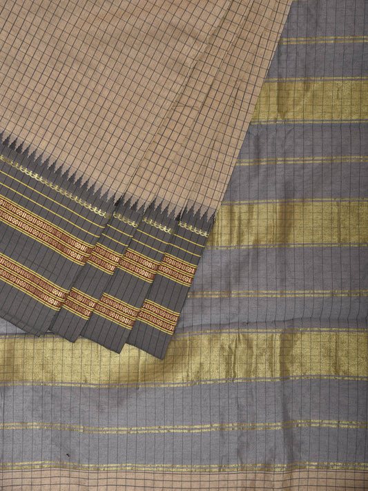 Cream and Grey Bamboo Cotton Viscose Silk Saree with Checks Design No Blouse bc0836