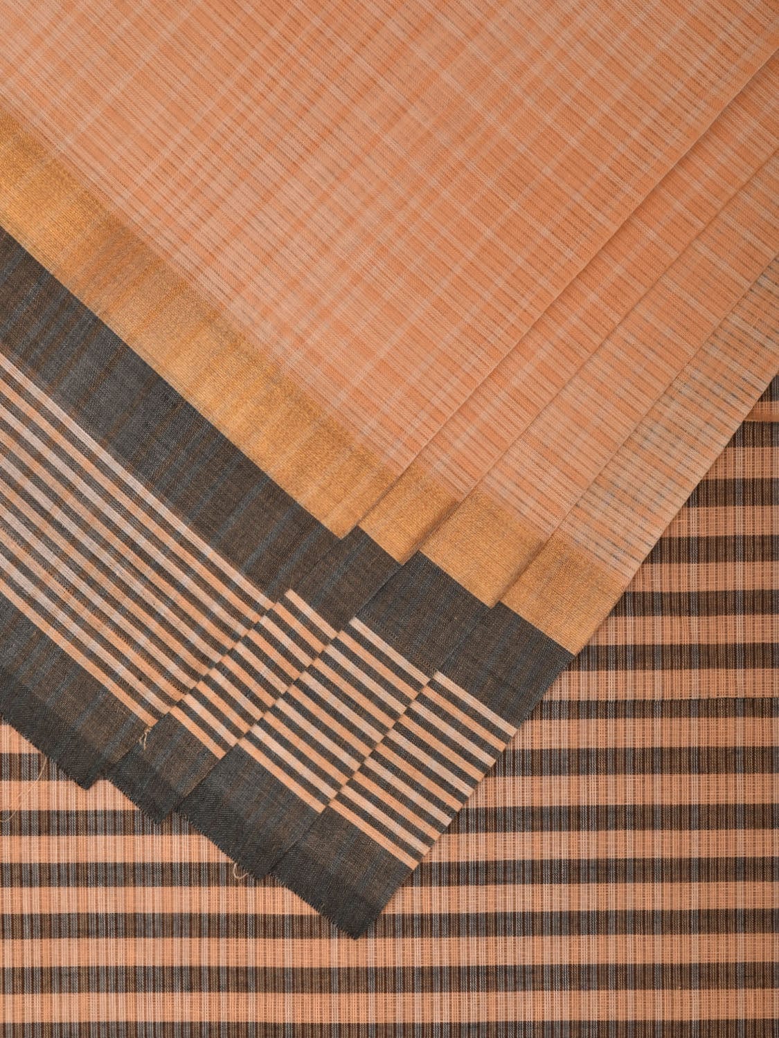 Cream and Grey Cotton Saree with Strips Border and Pallu Design o0460