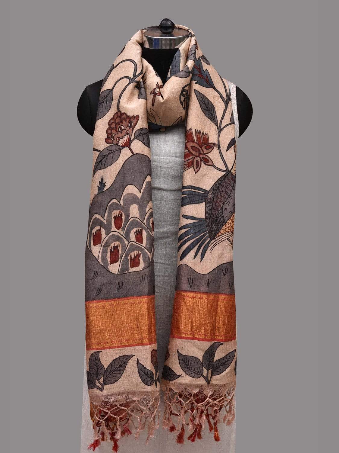 Cream and Grey Kalamkari Hand Painted Kanchipuram Silk Handloom Dupatta with Birds Design ds2591