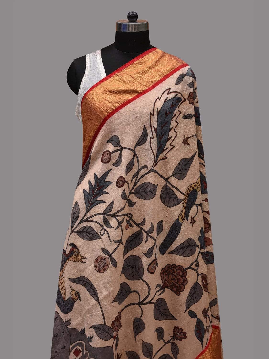 Cream and Grey Kalamkari Hand Painted Kanchipuram Silk Handloom Dupatta with Birds Design ds2591