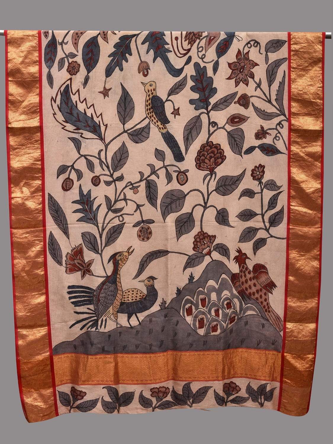 Cream and Grey Kalamkari Hand Painted Kanchipuram Silk Handloom Dupatta with Birds Design ds2591