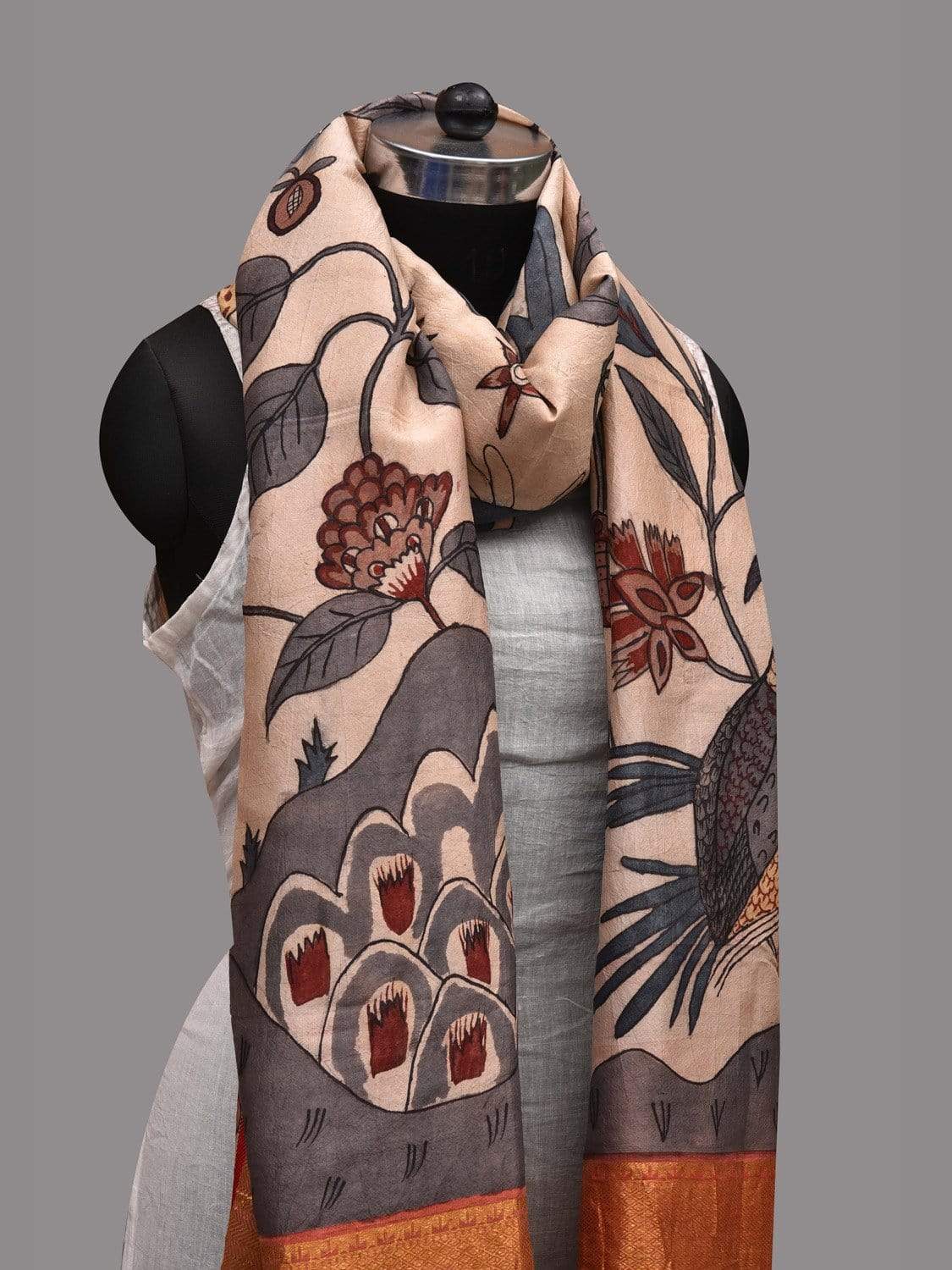 Cream and Grey Kalamkari Hand Painted Kanchipuram Silk Handloom Dupatta with Birds Design ds2591