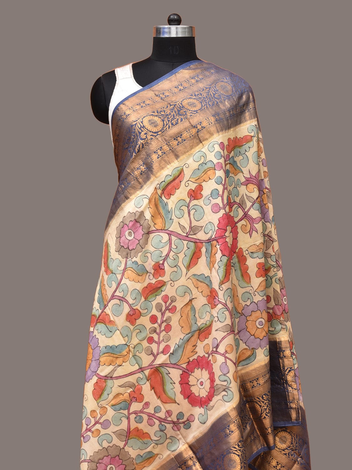 Cream and Grey Kalamkari Hand Painted Kanchipuram Silk Handloom Dupatta with Floral Design 3323
