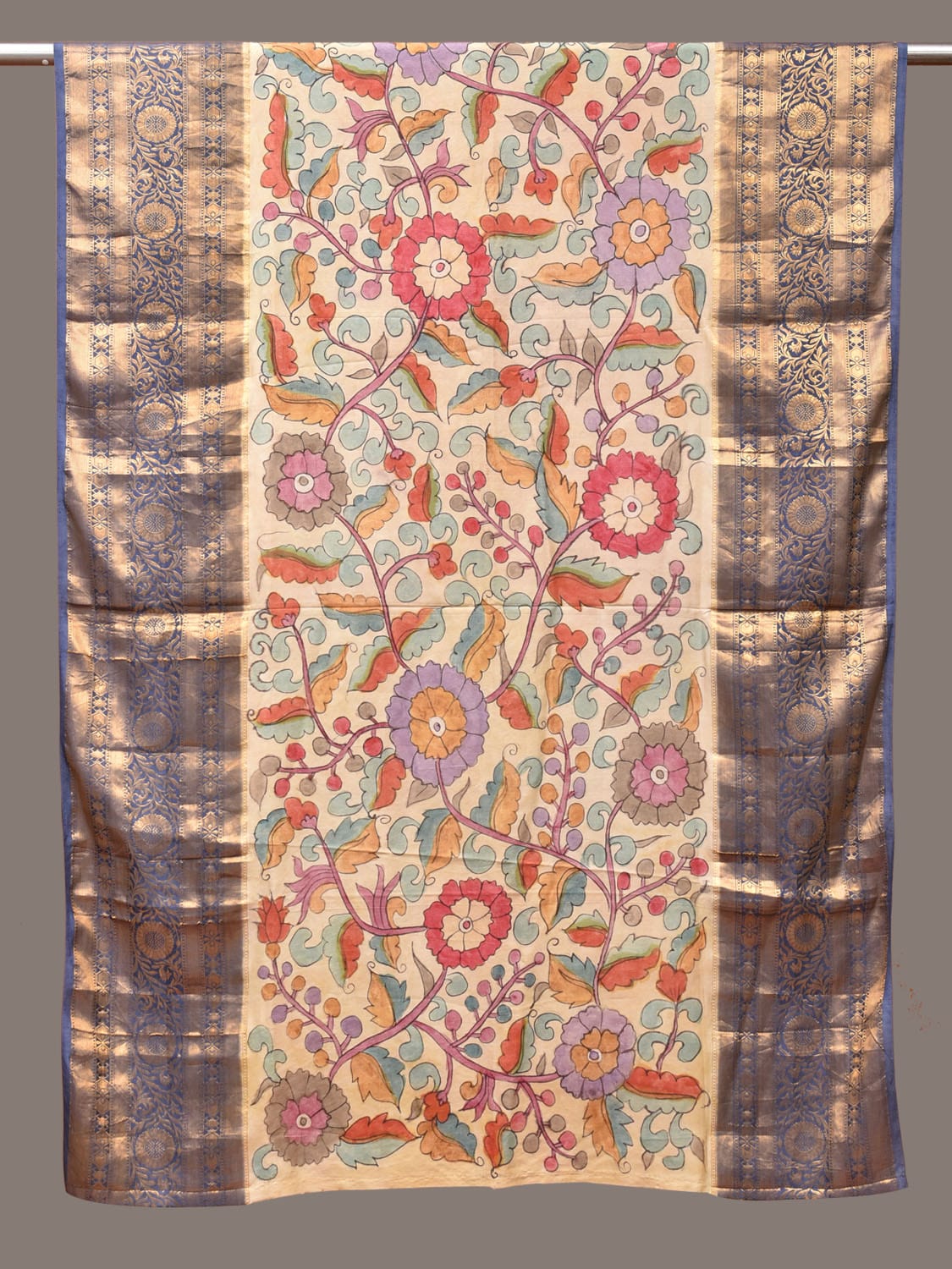 Cream and Grey Kalamkari Hand Painted Kanchipuram Silk Handloom Dupatta with Floral Design 3323