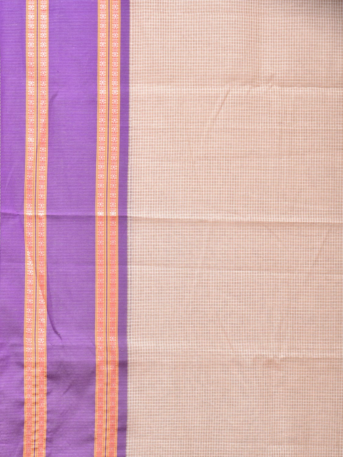 Cream and Lavender Bamboo Cotton Saree with Checks Design bc0125