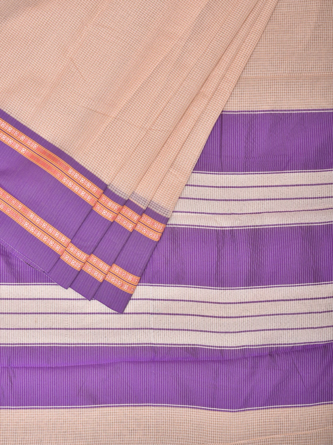 Cream and Lavender Bamboo Cotton Saree with Checks Design bc0125