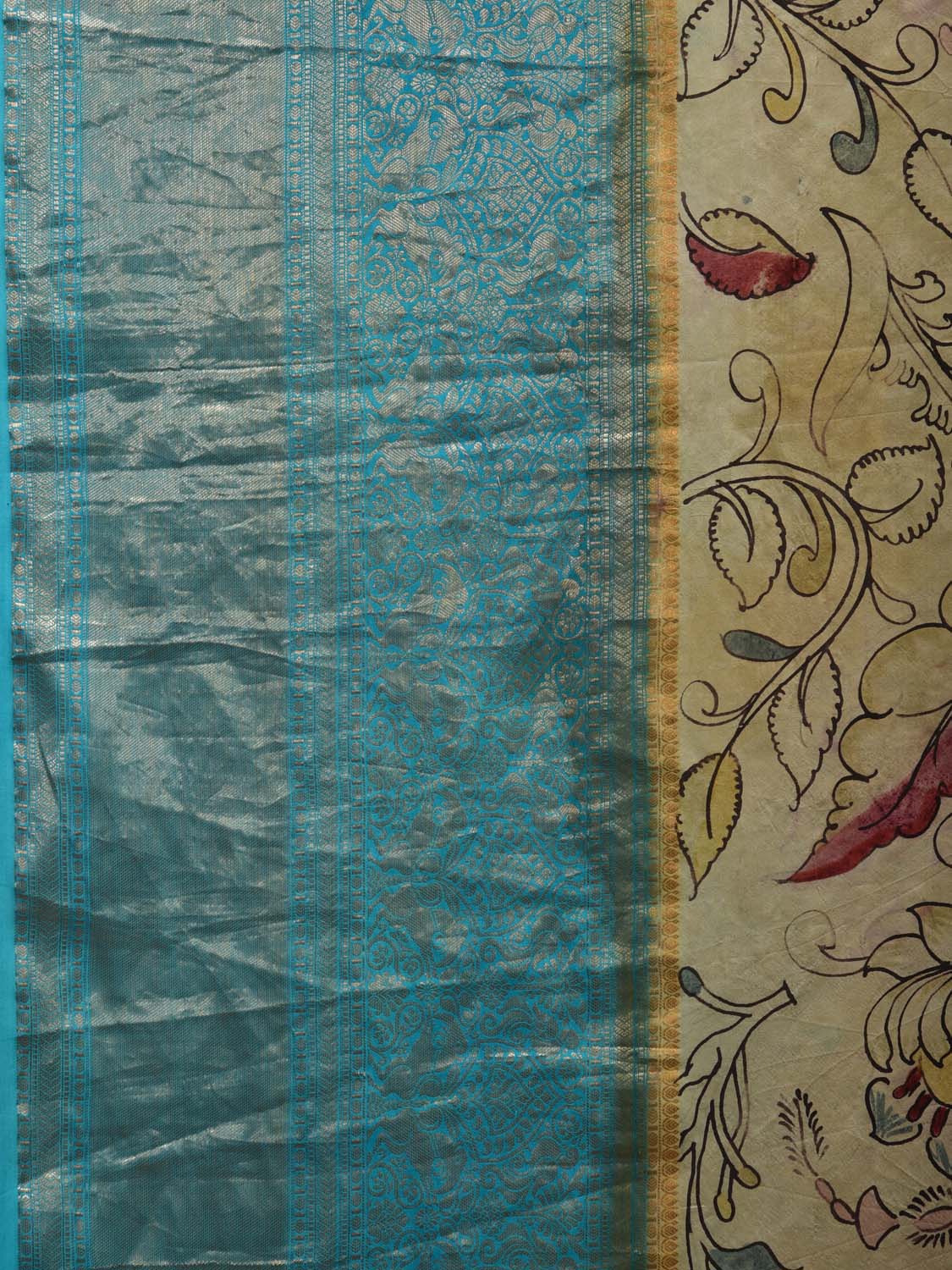 Cream and Light Blue Kalamkari Hand Painted Kanchipuram Silk Handloom Saree with Krishna and Floral Design KL0698