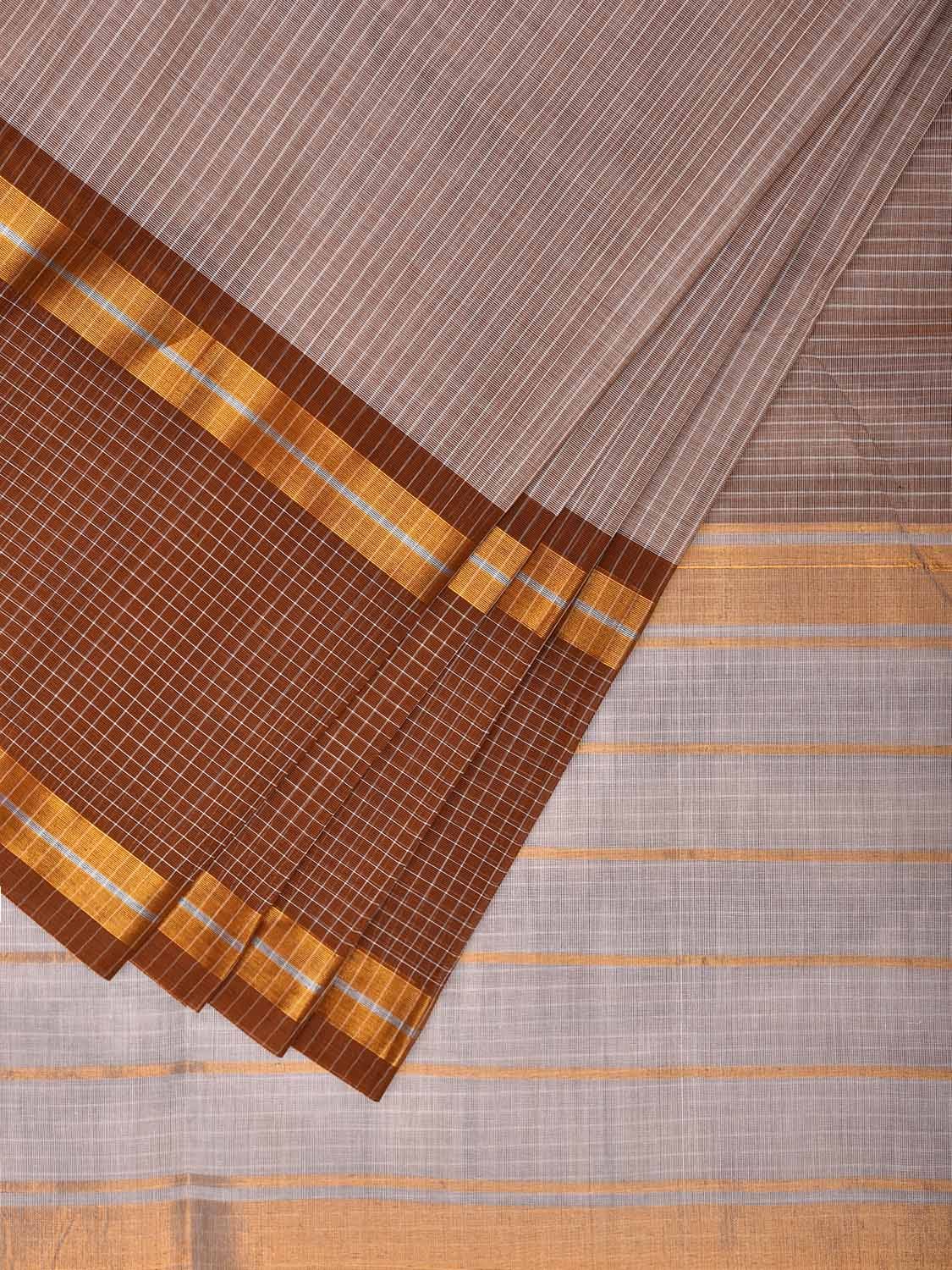 Cream and Light Brown Kanchipuram Cotton Saree with Strips Body and Checks Border Design k0722