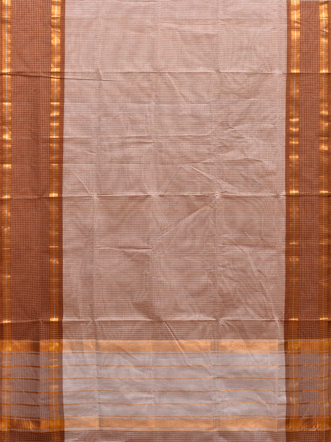 Cream and Light Brown Kanchipuram Cotton Saree with Strips Body and Checks Border Design k0722