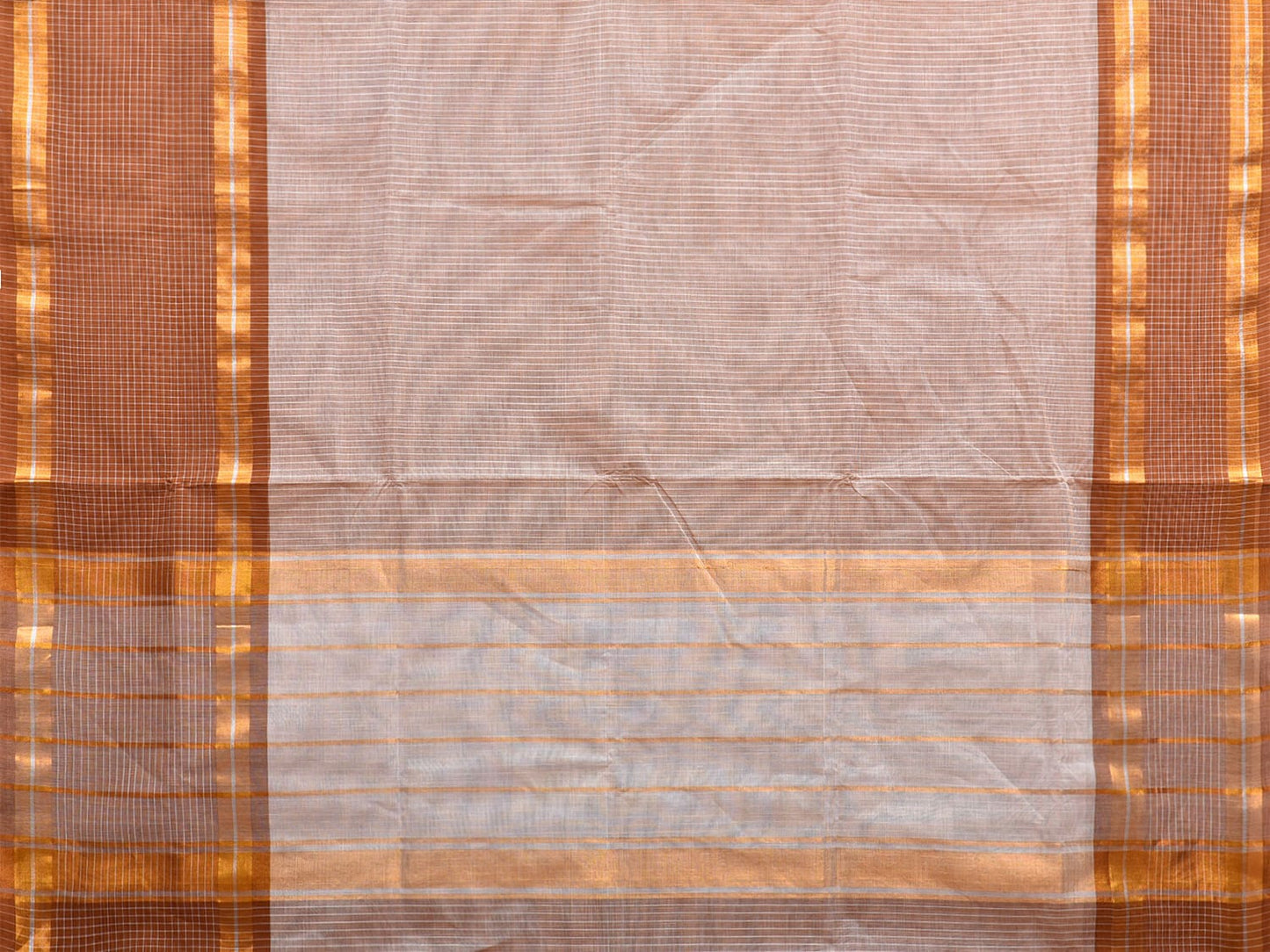 Cream and Light Brown Kanchipuram Cotton Saree with Strips Body and Checks Border Design k0722