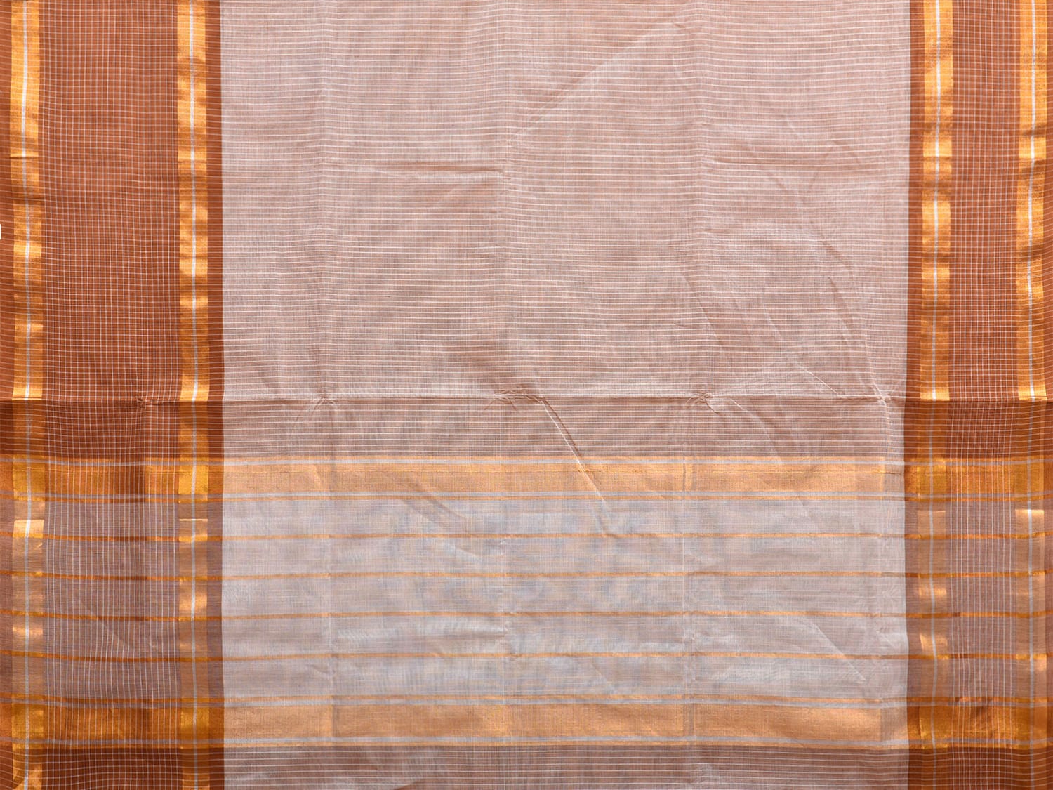 Cream and Light Brown Kanchipuram Cotton Saree with Strips Body and Checks Border Design k0722