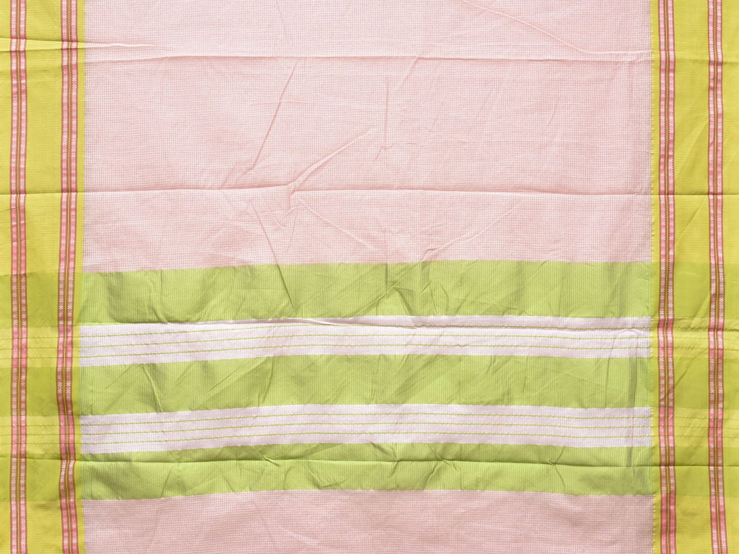 Cream and Light Green Bamboo Cotton Saree with Small Checks Design No Blouse bc0177