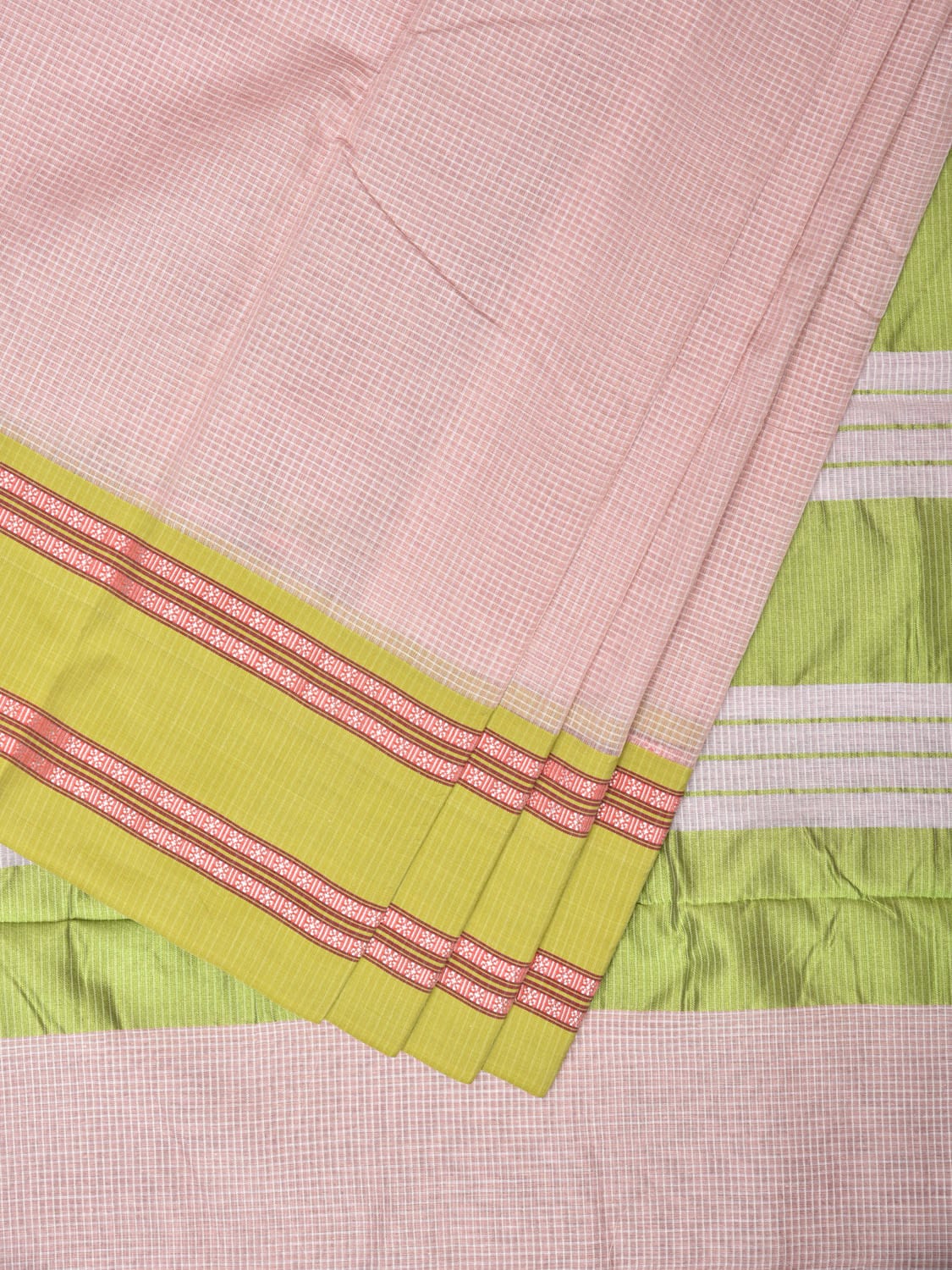Cream and Light Green Bamboo Cotton Saree with Small Checks Design No Blouse bc0177