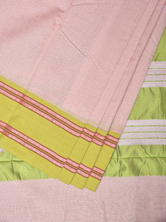 Cream and Light Green Bamboo Cotton Saree with Small Checks Design No Blouse bc0177