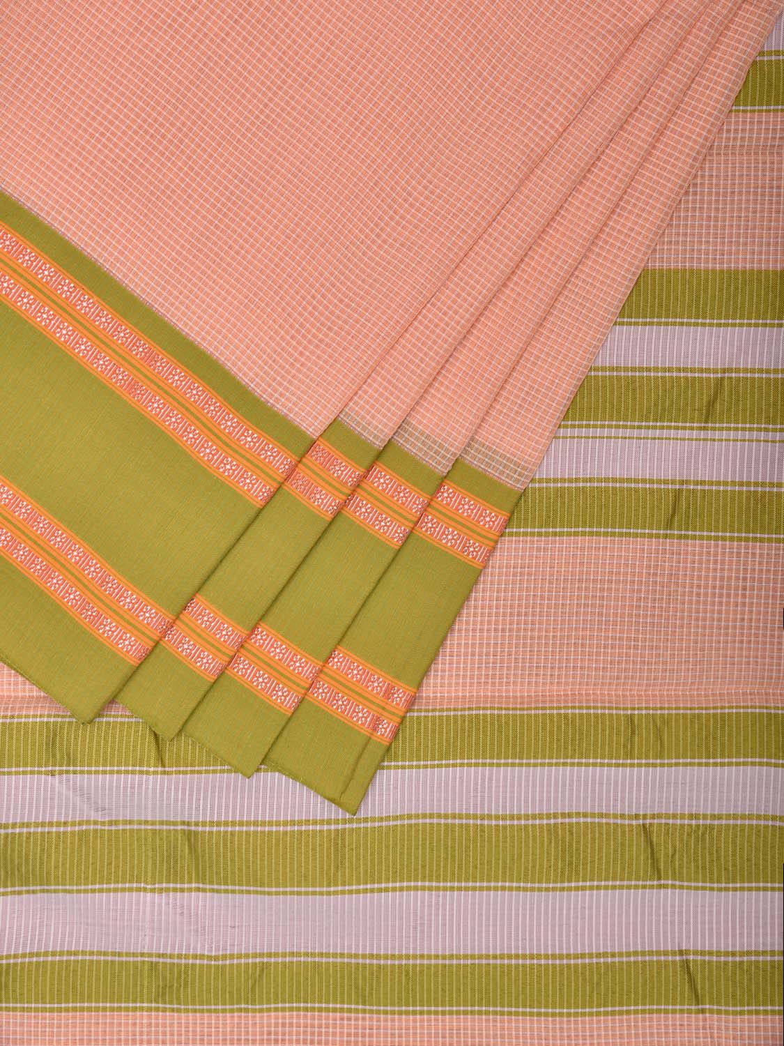 Cream and Light Green Bamboo Cotton Saree with Small Checks Design No Blouse bc0628