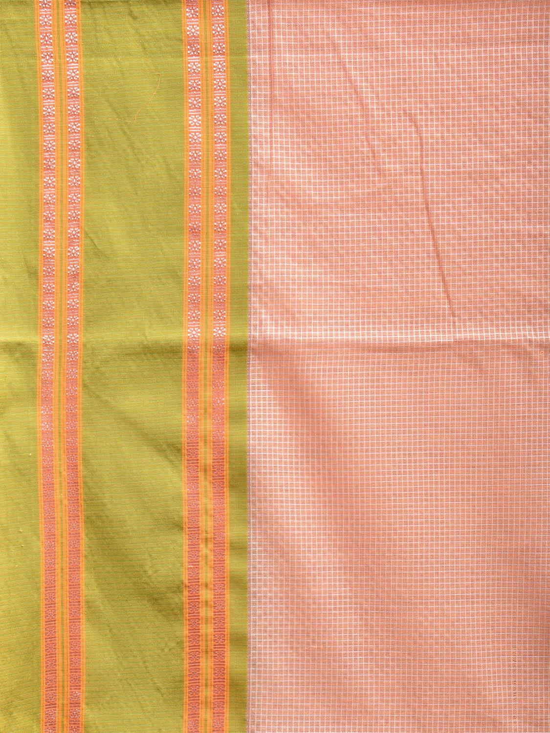 Cream and Light Green Bamboo Cotton Saree with Small Checks Design No Blouse bc0628