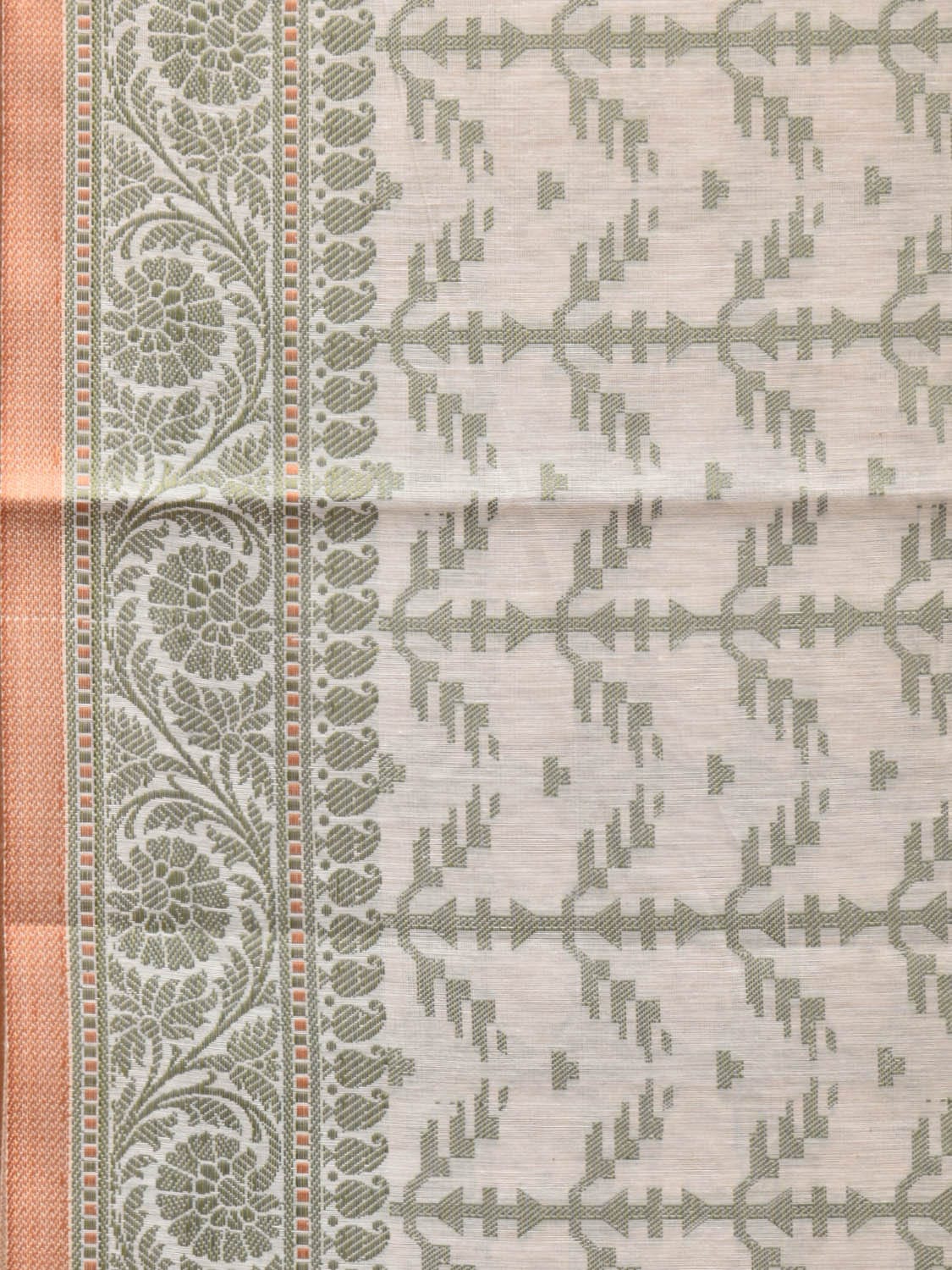 Cream and Light Green Cut Work Sico Cotton Saree with All Over and Border Design o0412