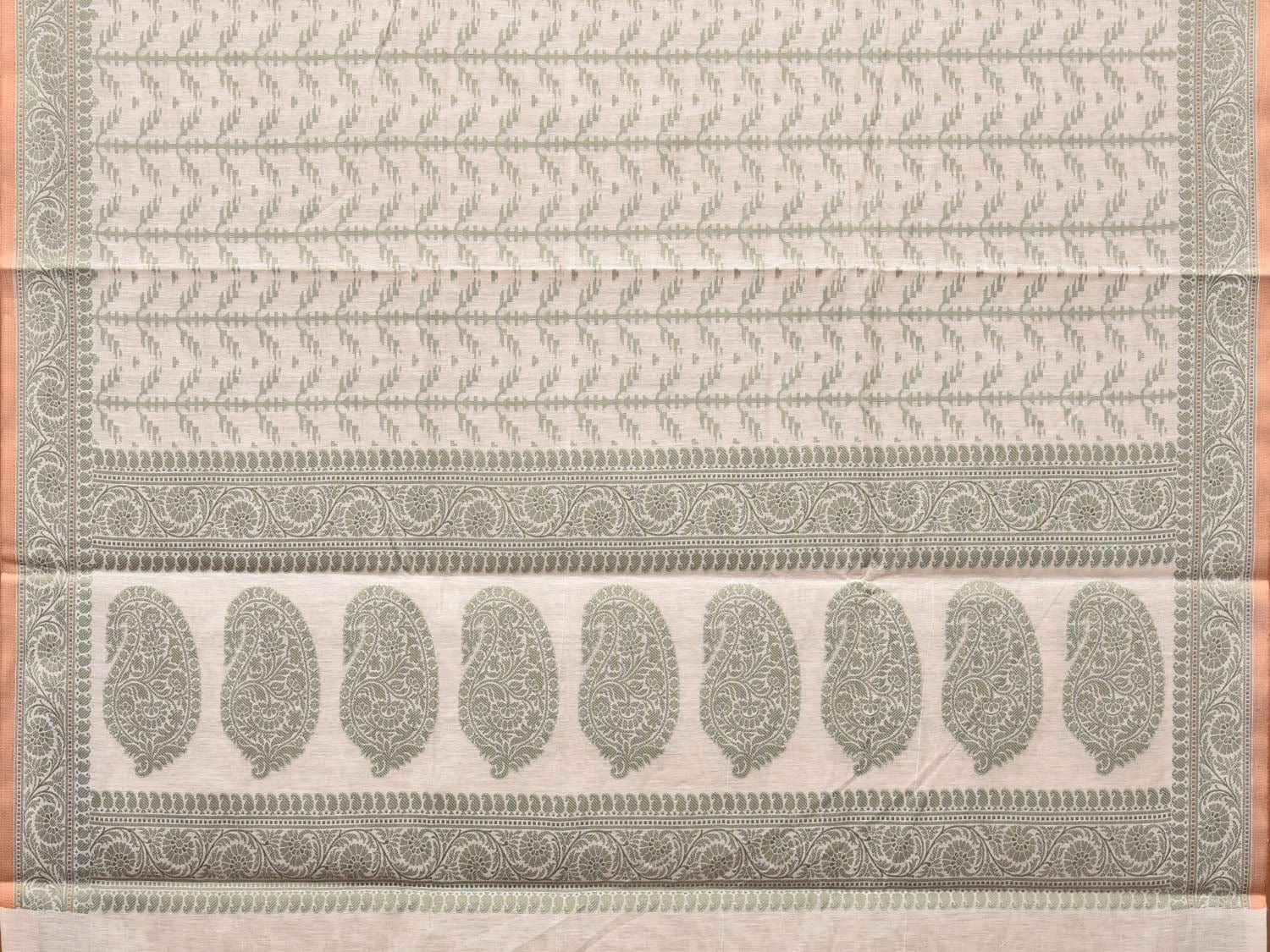 Cream and Light Green Cut Work Sico Cotton Saree with All Over and Border Design o0412