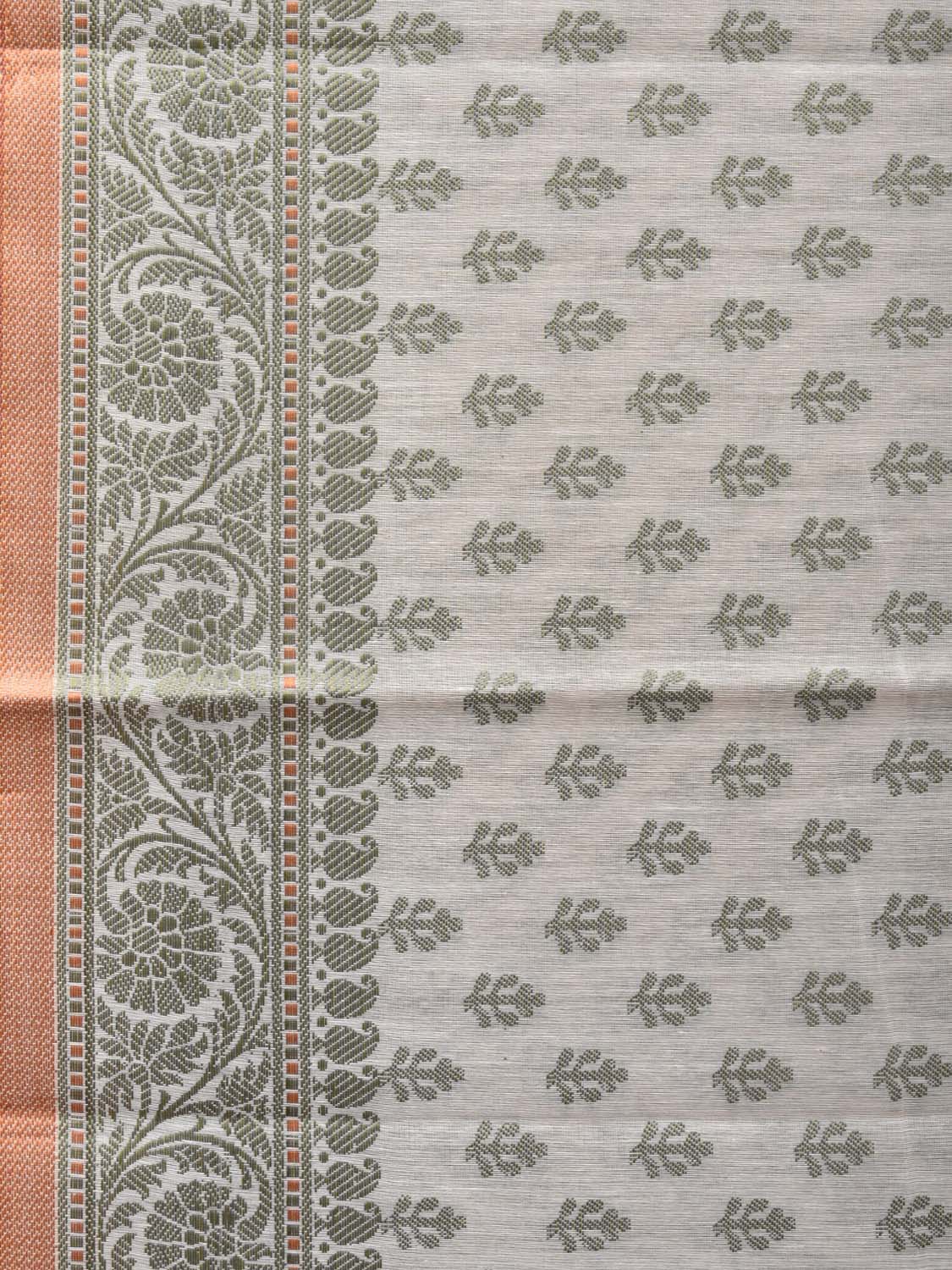 Cream and Light Green Cut Work Sico Cotton Saree with All Over and Border Design o0417