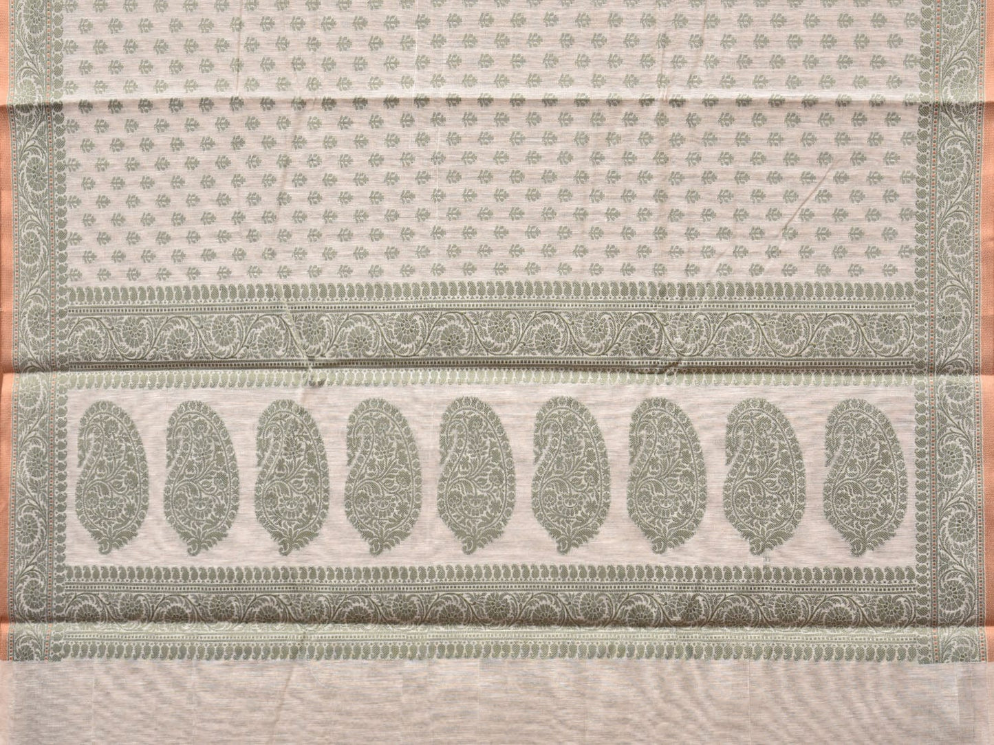 Cream and Light Green Cut Work Sico Cotton Saree with All Over and Border Design o0417