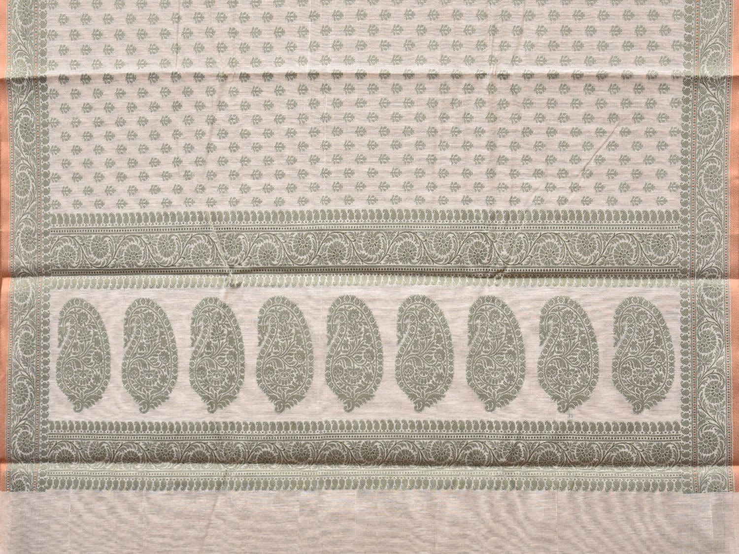 Cream and Light Green Cut Work Sico Cotton Saree with All Over and Border Design o0417