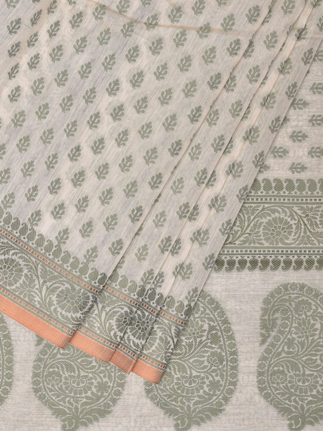 Cream and Light Green Cut Work Sico Cotton Saree with All Over and Border Design o0417