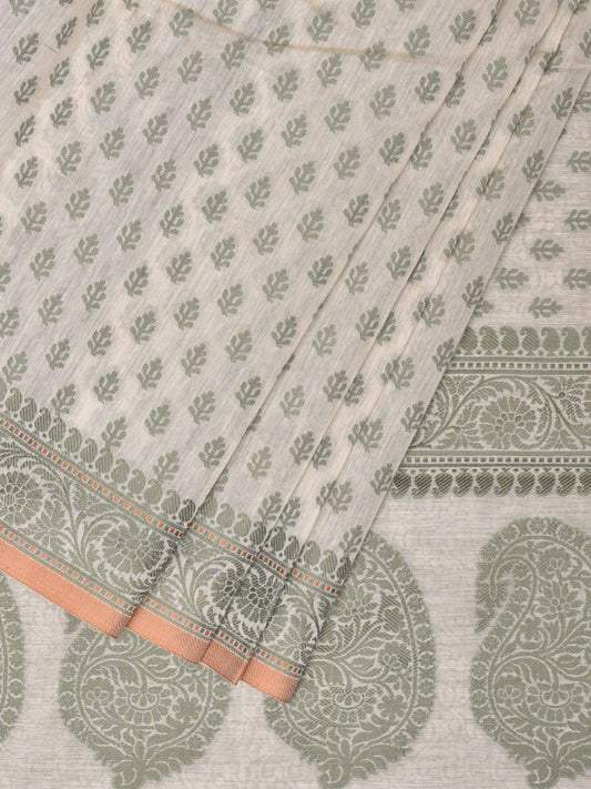 Cream and Light Green Cut Work Sico Cotton Saree with All Over and Border Design o0417