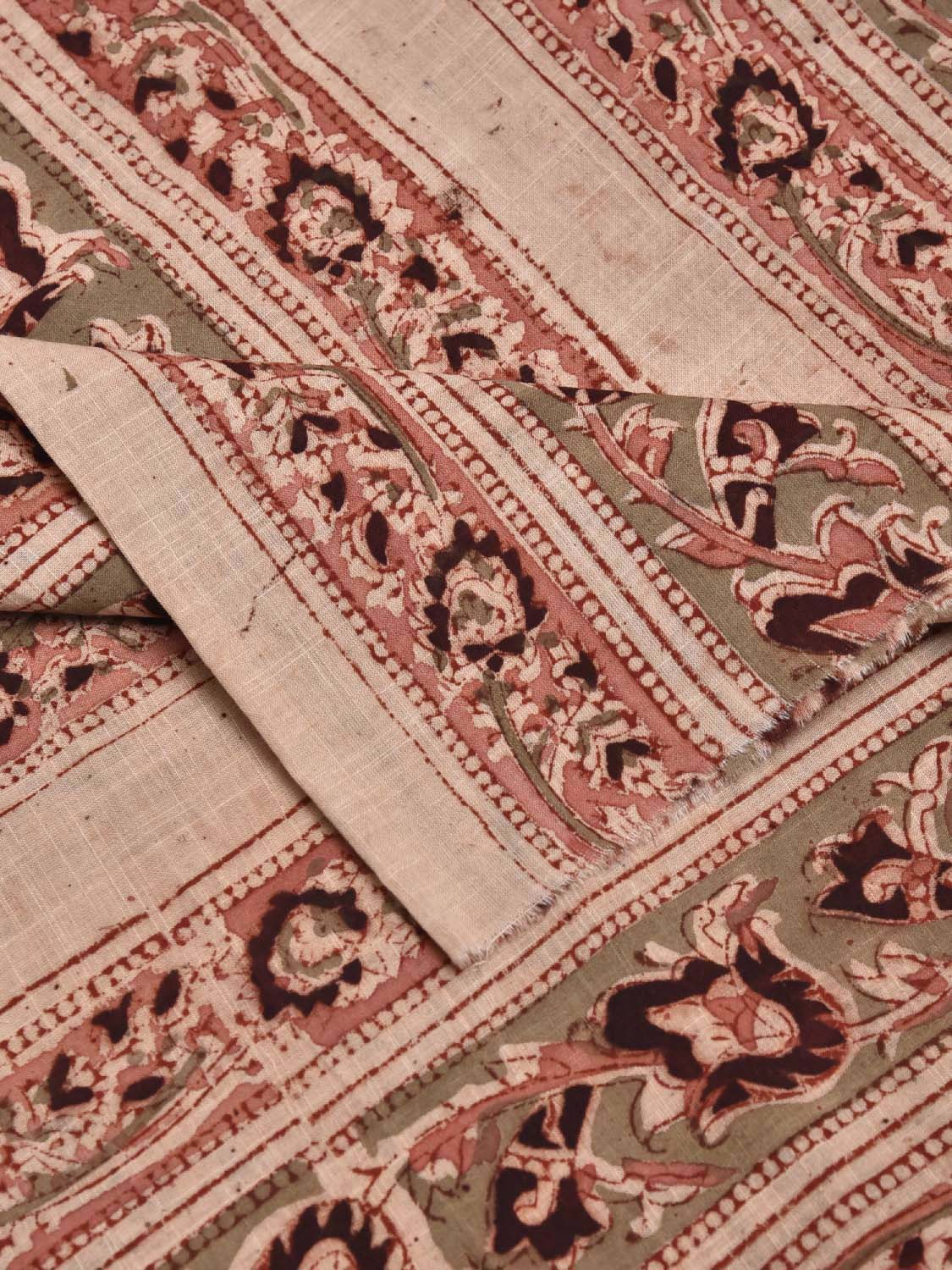 Cream and Light Peach Kalamkari Block Print Cotton Blouse with Strips Design Length 1mt Width 44 Inches BL0128