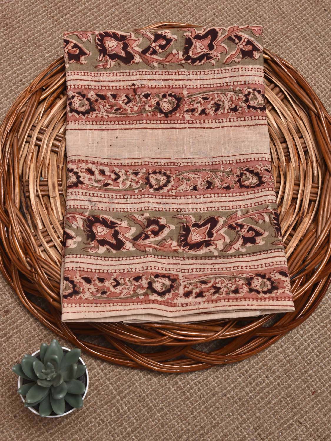 Cream and Light Peach Kalamkari Block Print Cotton Blouse with Strips Design Length 1mt Width 44 Inches BL0128