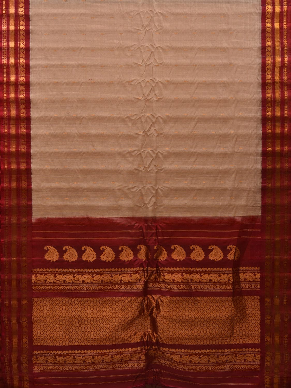 Cream and Maroon Gadwal Sico Handloom Saree with Mango Pallu Design g0302