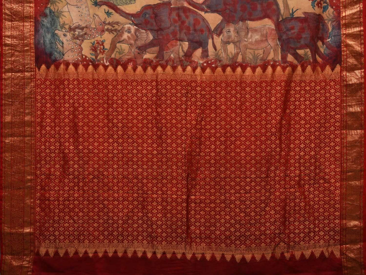 Cream and Maroon Kalamkari Hand Painted Kanchipuram Silk Handloom Saree with Panchatantra Design KL0534