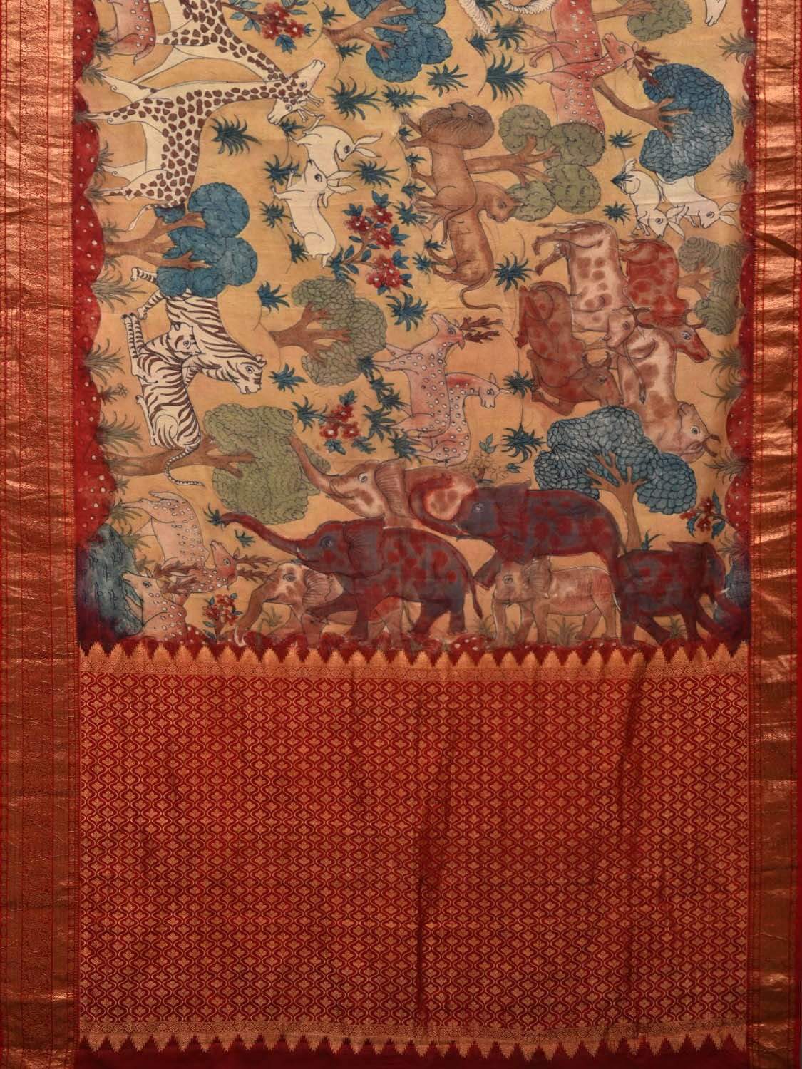 Cream and Maroon Kalamkari Hand Painted Kanchipuram Silk Handloom Saree with Panchatantra Design KL0534