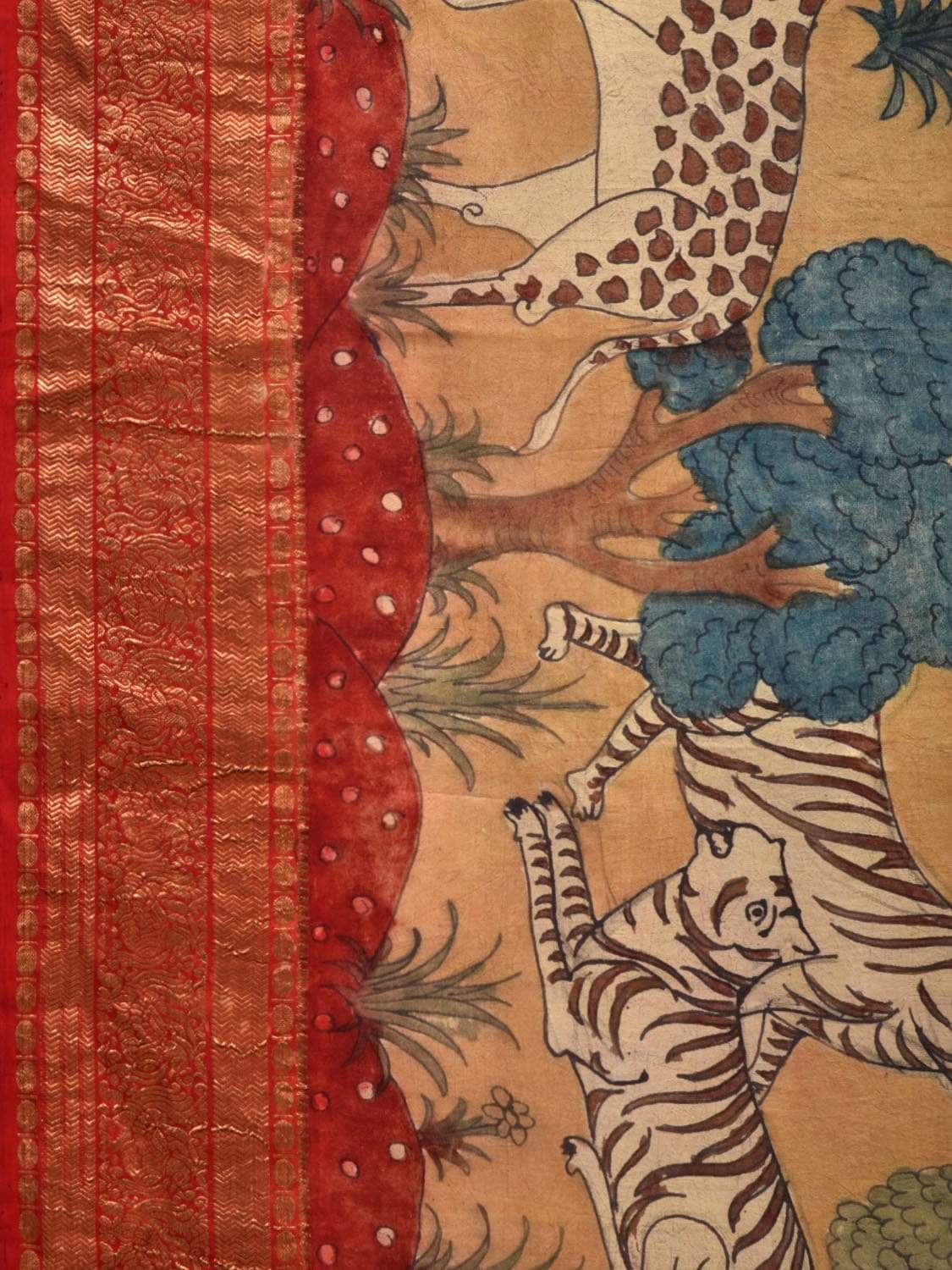 Cream and Maroon Kalamkari Hand Painted Kanchipuram Silk Handloom Saree with Panchatantra Design KL0534