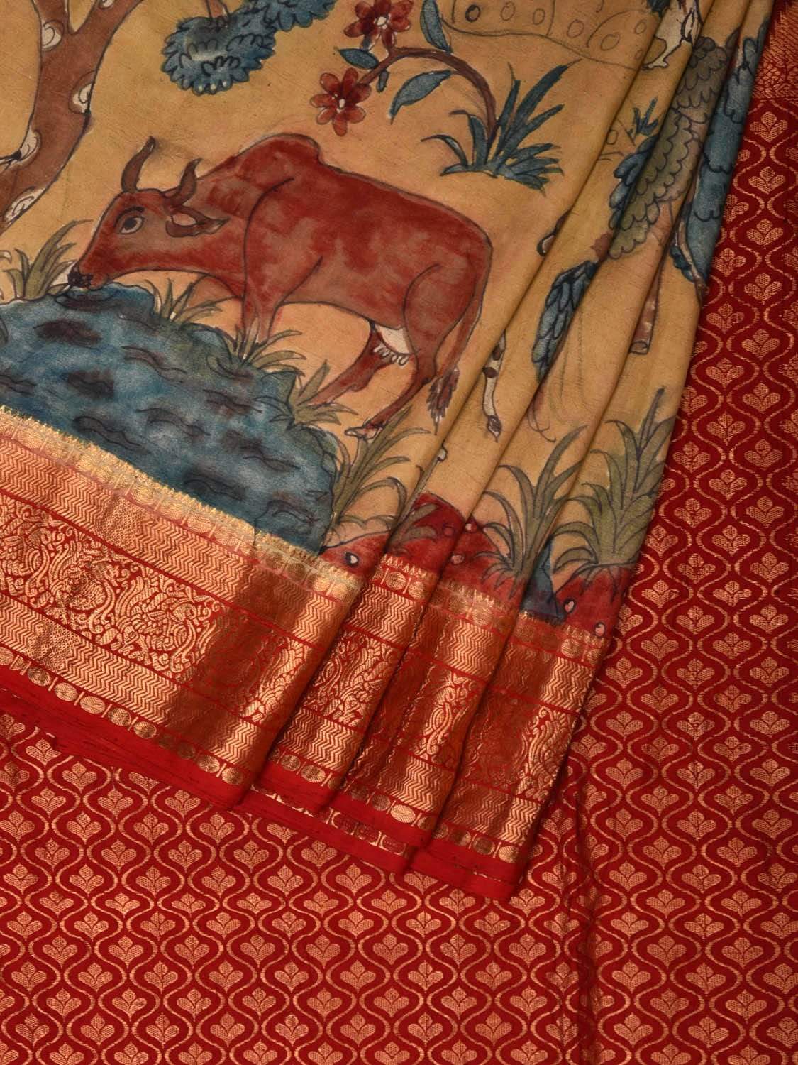 Cream and Maroon Kalamkari Hand Painted Kanchipuram Silk Handloom Saree with Panchatantra Design KL0534