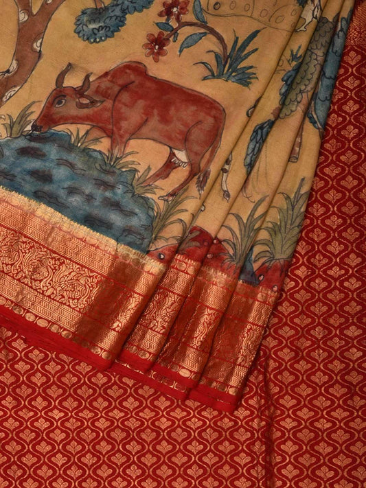Cream and Maroon Kalamkari Hand Painted Kanchipuram Silk Handloom Saree with Panchatantra Design KL0534